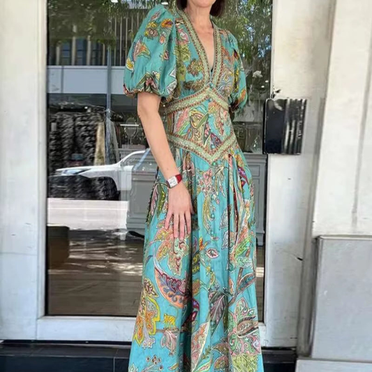 Lantern Sleeve V Neck Maxi Dress